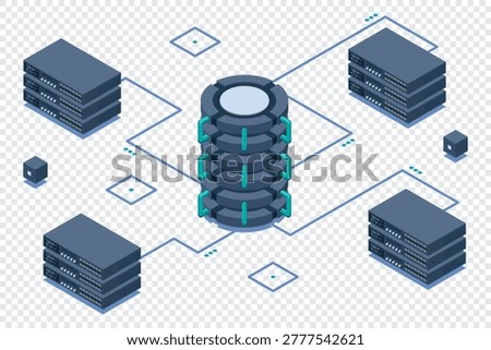 Isometric cloud database. Database with cloud server. Cloud storage. Data transmission technology. Isometric technology