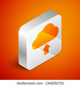 Isometric Cloud download icon isolated on orange background. Silver square button. Vector Illustration