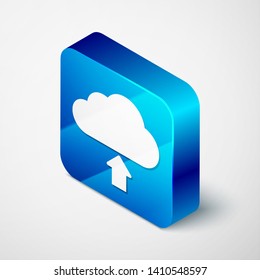 Isometric Cloud download icon isolated on white background. Blue square button. Vector Illustration