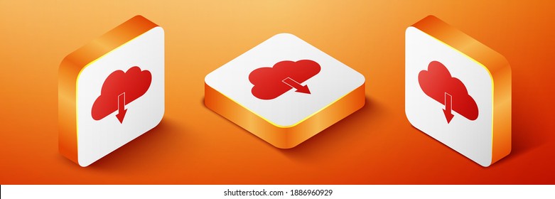 Isometric Cloud download icon isolated on orange background. Orange square button. Vector.
