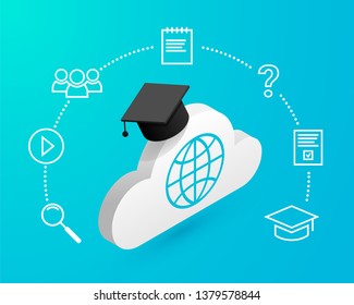 Isometric cloud with graduation cap and distance study icons around isolated on blue background. Vector Online education design concept. Flat style icon. E-learning vector illustration