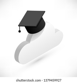 Isometric cloud with graduation cap isolated on white background. Vector Online education design concept. Flat style icon. E-learning vector illustration