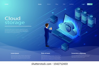 Isometric Cloud Hosting Network vector illustration. 3d servers and datacenter.