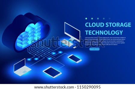 Isometric Cloud Hosting Network vector Banner Design. Online Computing Storage 3D concept. Smartwatch, Computer, Laptop, Mobile phone objects. Concepts Cloud storage. Synchronization and storage data.