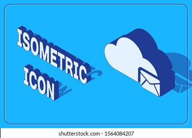 Isometric Cloud mail server icon isolated on blue background. Cloud server hosting for email. Online message service. Mailbox sign.  Vector Illustration