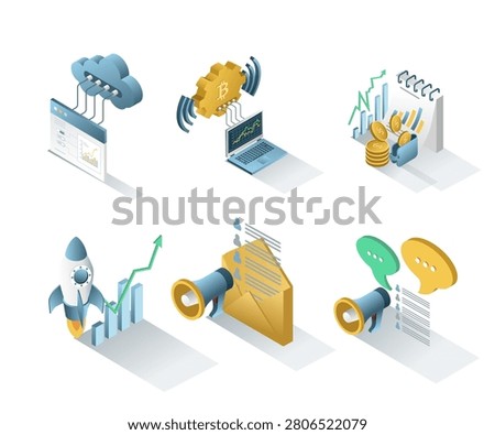 Isometric Cloud Marketing and Blockchain Business Icon Set