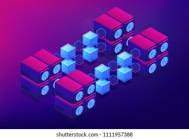 Isometric cloud mining concept. Dedicated cloud data servers for blockchain cryptocurrencies mining, computer network on ultraviolet background. Vector 3d isometric illustration.