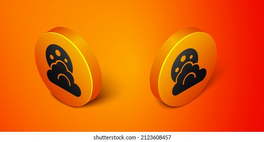 Isometric Cloud with moon icon isolated on orange background. Cloudy night sign. Sleep dreams symbol. Night or bed time sign. Orange circle button. Vector