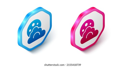 Isometric Cloud with moon icon isolated on white background. Cloudy night sign. Sleep dreams symbol. Night or bed time sign. Hexagon button. Vector