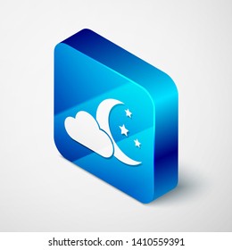 Isometric Cloud with moon and stars icon isolated on white background. Cloudy night sign. Sleep dreams symbol. Night or bed time sign. Blue square button. Vector Illustration