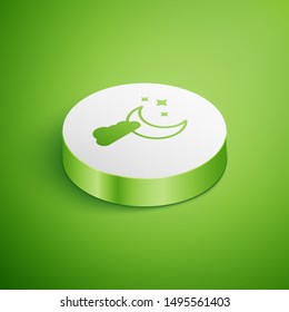 Isometric Cloud with moon and stars icon isolated on green background. Cloudy night sign. Sleep dreams symbol. Night or bed time sign. White circle button. Vector Illustration