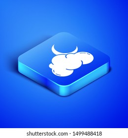 Isometric Cloud with moon and stars icon isolated on blue background. Cloudy night sign. Sleep dreams symbol. Night or bed time sign. Blue square button. Vector Illustration