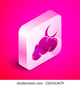 Isometric Cloud with moon and stars icon isolated on pink background. Cloudy night sign. Sleep dreams symbol. Night or bed time sign. Silver square button. Vector Illustration