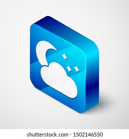 Isometric Cloud with moon and stars icon isolated on white background. Cloudy night sign. Sleep dreams symbol. Night or bed time sign. Blue square button. Vector Illustration