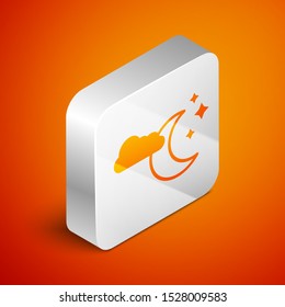 Isometric Cloud with moon and stars icon isolated on orange background. Cloudy night sign. Sleep dreams symbol. Night or bed time sign. Silver square button. Vector Illustration
