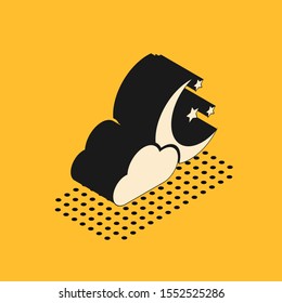 Isometric Cloud with moon and stars icon isolated on yellow background. Cloudy night sign. Sleep dreams symbol. Night or bed time sign.  Vector Illustration