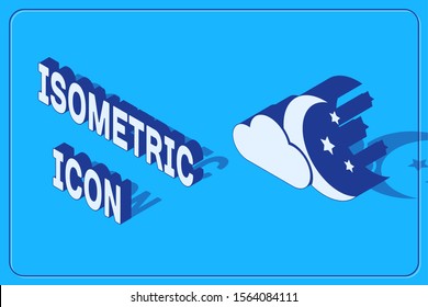 Isometric Cloud with moon and stars icon isolated on blue background. Cloudy night sign. Sleep dreams symbol. Night or bed time sign.  Vector Illustration