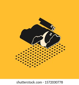 Isometric Cloud with moon and stars icon isolated on yellow background. Cloudy night sign. Sleep dreams symbol. Night or bed time sign.  Vector Illustration