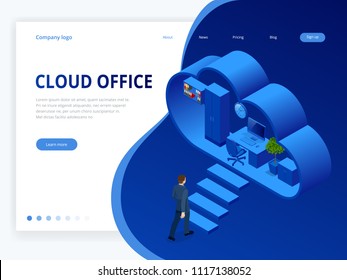 Isometric cloud office with people concept. Web banner for data processing in the cloud. Cloud storage, data transfers on Internet from gadget to gadget. Vector illustration