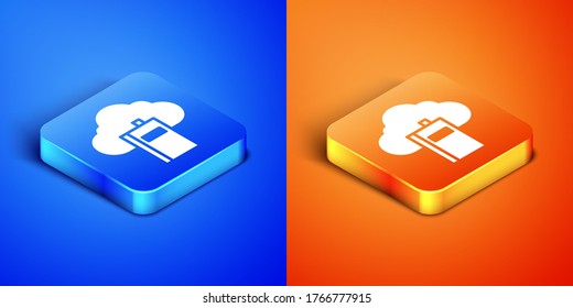 Isometrische Cloud oder Online-Bibliothek Symbol einzeln auf blauem und orangefarbenem Hintergrund. Internetunterricht oder Fernunterricht. Knopf Quadrat. Vektorgrafik