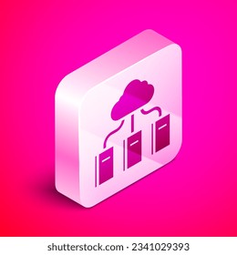 Isometric Cloud or online library icon isolated on pink background. Internet education or distance training. Silver square button. Vector Illustration