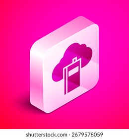 Isometric Cloud or online library icon isolated on pink background. Internet education or distance training. Silver square button. Vector Illustration