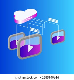 Diseño vector web de botones de vídeo de reproducción en nube isométrica