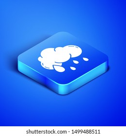 Isometric Cloud with rain icon isolated on blue background. Rain cloud precipitation with rain drops. Blue square button. Vector Illustration