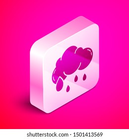 Isometric Cloud with rain icon isolated on pink background. Rain cloud precipitation with rain drops. Silver square button. Vector Illustration