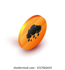 Isometric Cloud with rain icon isolated on white background. Rain cloud precipitation with rain drops. Orange circle button. Vector Illustration