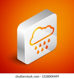 Isometric Cloud with rain icon isolated on orange background. Rain cloud precipitation with rain drops. Silver square button. Vector Illustration