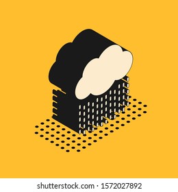 Isometric Cloud with rain icon isolated on yellow background. Rain cloud precipitation with rain drops.  Vector Illustration