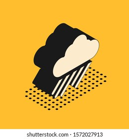 Isometric Cloud with rain icon isolated on yellow background. Rain cloud precipitation with rain drops.  Vector Illustration