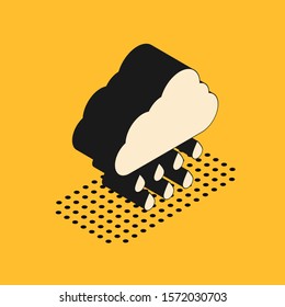 Isometric Cloud with rain icon isolated on yellow background. Rain cloud precipitation with rain drops.  Vector Illustration