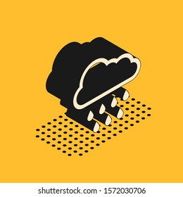 Isometric Cloud with rain icon isolated on yellow background. Rain cloud precipitation with rain drops.  Vector Illustration