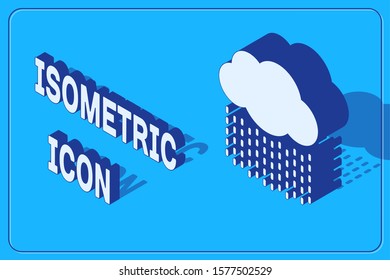 Isometric Cloud with rain icon isolated on blue background. Rain cloud precipitation with rain drops.  Vector Illustration