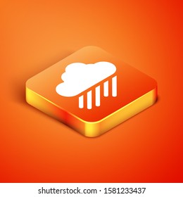Isometric Cloud with rain icon isolated on orange background. Rain cloud precipitation with rain drops.  Vector Illustration