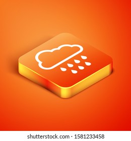 Isometric Cloud with rain icon isolated on orange background. Rain cloud precipitation with rain drops.  Vector Illustration