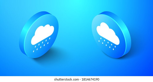 Isometrische Cloud mit Regensymbol einzeln auf blauem Hintergrund. Regen Nimbus Wolken Niederschlag mit Regenfall. Blauer Kreis-Knopf. Vektorgrafik.