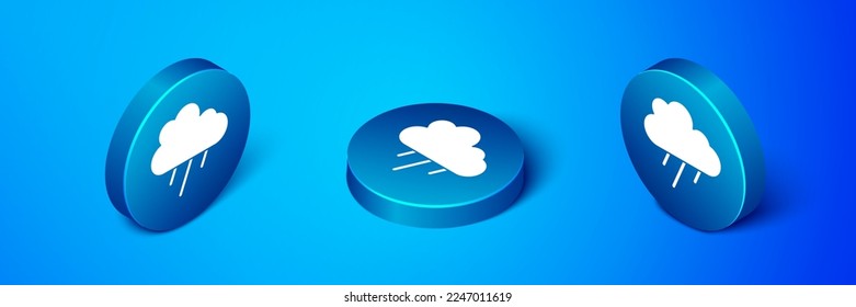 Isometric Cloud with rain icon isolated on blue background. Rain cloud precipitation with rain drops. Blue circle button. Vector