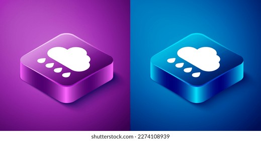 Nube isométrica con icono de lluvia aislado en fondo azul y púrpura. Precipitación de nubes de lluvia con caídas de lluvia. Botón cuadrado. Vector