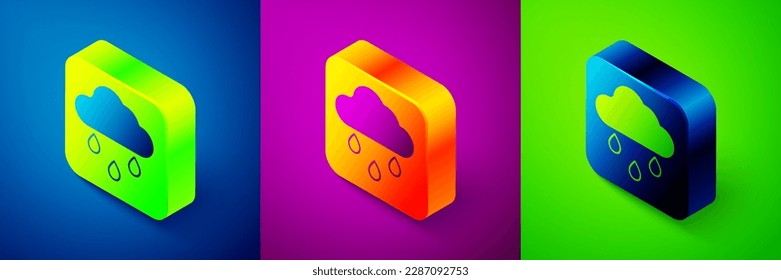 Isometric Cloud with rain icon isolated on blue, purple and green background. Rain cloud precipitation with rain drops. Square button. Vector
