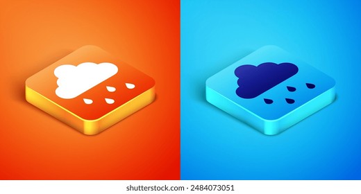 Isometric Cloud with rain icon isolated on orange and blue background. Rain cloud precipitation with rain drops.  Vector