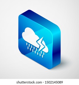 Isometric Cloud with rain and lightning icon isolated on white background. Rain cloud precipitation with rain drops.Weather icon of storm. Blue square button. Vector Illustration