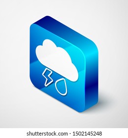 Isometric Cloud with rain and lightning icon isolated on white background. Rain cloud precipitation with rain drops.Weather icon of storm. Blue square button. Vector Illustration