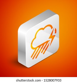 Isometric Cloud with rain and lightning icon isolated on orange background. Rain cloud precipitation with rain drops.Weather icon of storm. Silver square button. Vector Illustration