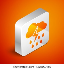 Isometric Cloud with rain and lightning icon isolated on orange background. Rain cloud precipitation with rain drops.Weather icon of storm. Silver square button. Vector Illustration