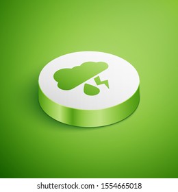 Isometric Cloud with rain and lightning icon isolated on green background. Rain cloud precipitation with rain drops.Weather icon of storm. White circle button. Vector Illustration