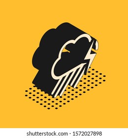 Isometric Cloud with rain and lightning icon isolated on yellow background. Rain cloud precipitation with rain drops.Weather icon of storm.  Vector Illustration