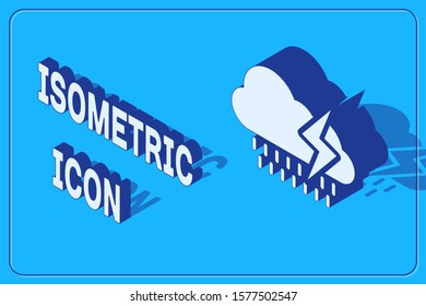 Isometric Cloud with rain and lightning icon isolated on blue background. Rain cloud precipitation with rain drops.Weather icon of storm.  Vector Illustration